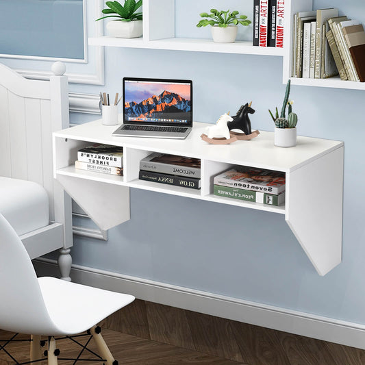 Wall Mounted Computer Desk with 3 Storage Compartments-White