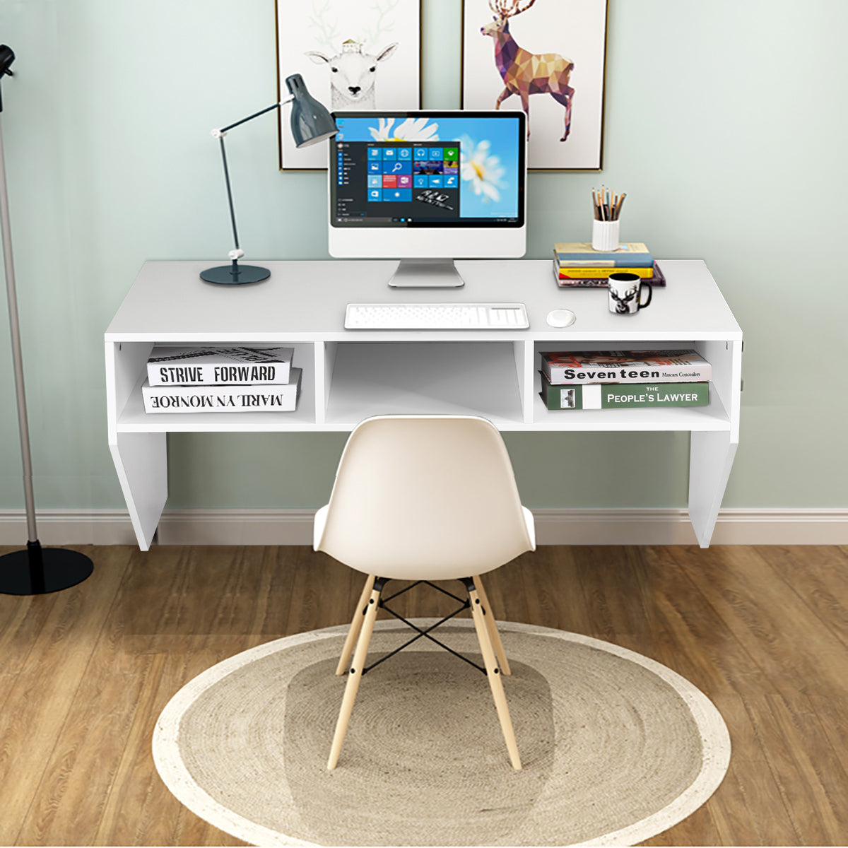 Wall Mounted Computer Desk with 3 Storage Compartments-White