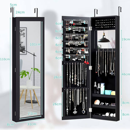 Wall Mounted Jewelry Armoire with Built-in Mirror and 3 Shelves -Black