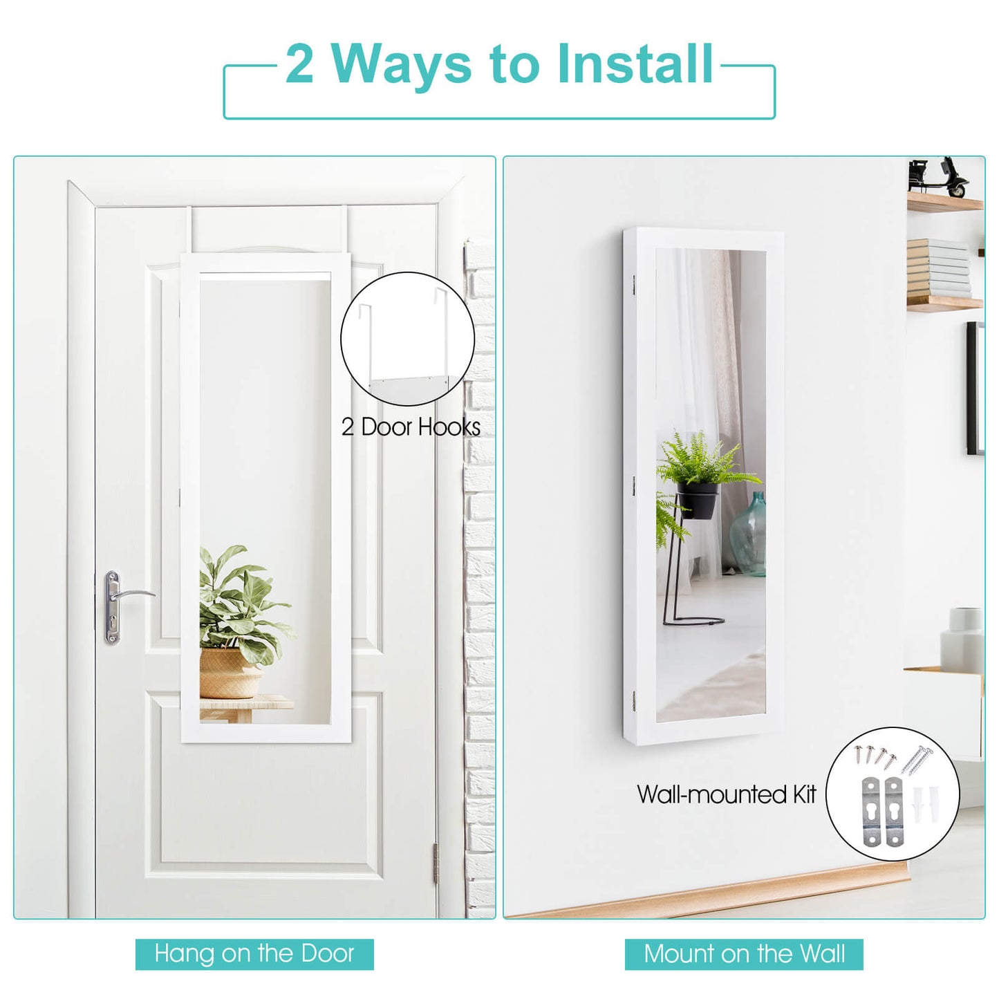 Wall Mounted Jewelry Armoire with Built-in Mirror and 3 Shelves -White