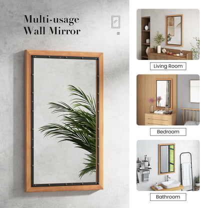 Wall Mounted Mirror with Wood Rectangular Frame Back Board-Natural