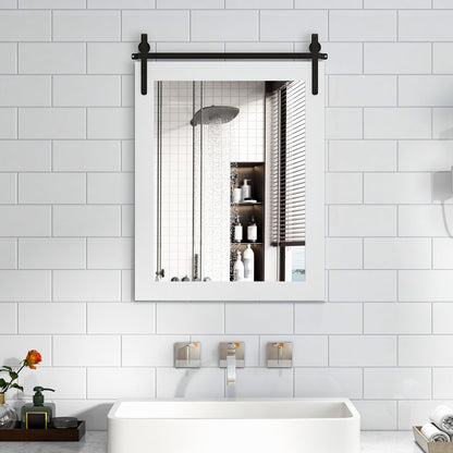 Wall Mounted Mirror with Solid Wood Frame and Metal Bracket-White