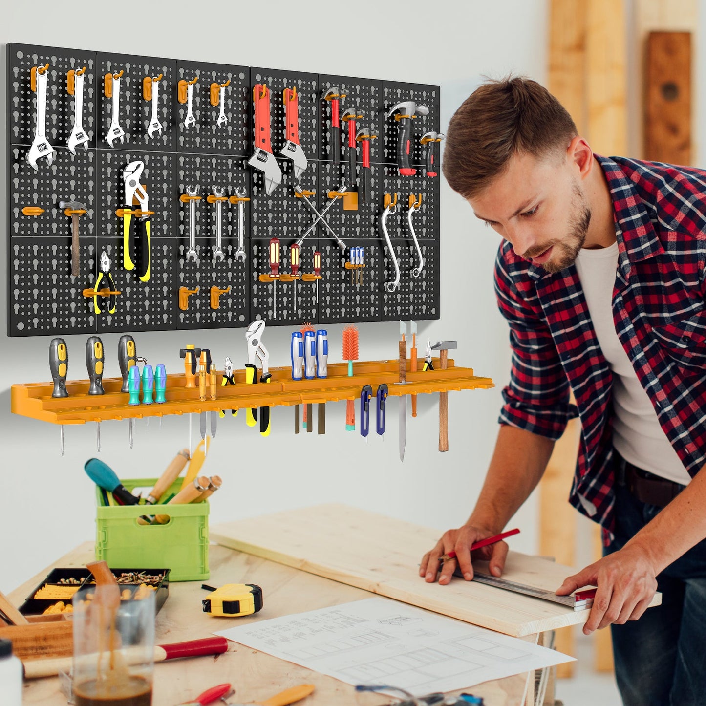 Wall Tool Storage Kit with 2 Storage Shelves and 50 Hooks