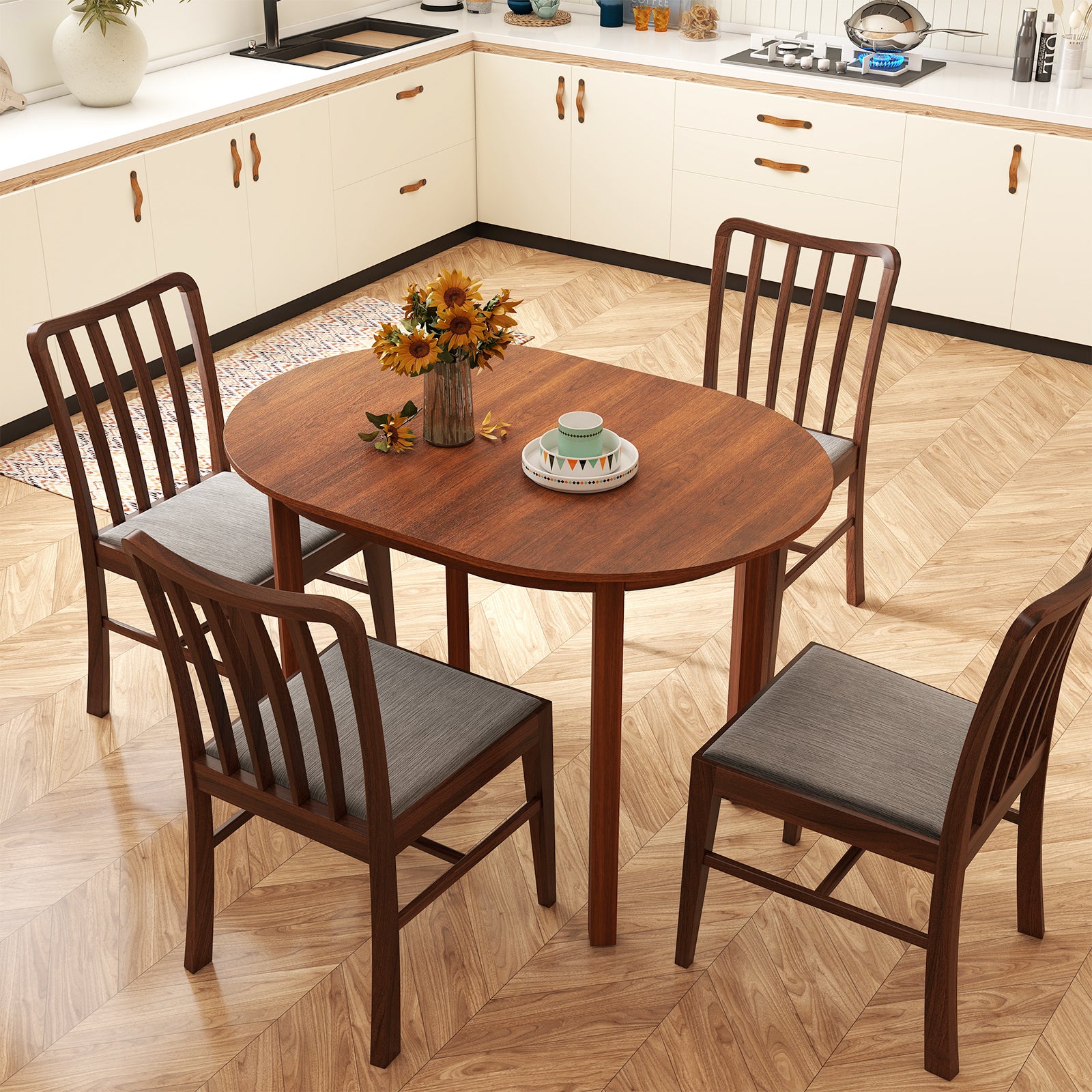 110CM Wooden Dining Table for 4-6 People Oval Kitchen Table-Walnut