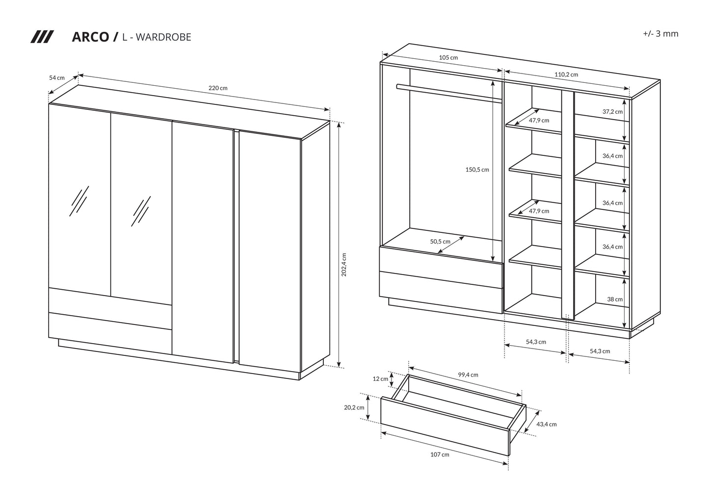 Wardrobe ARCO 220 Oak Artisan / Grey