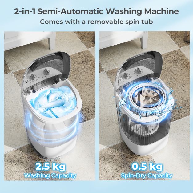 2.5 kg Capacity Portable Mini Washing Machine with Spin Tub and Drain Hose-Grey