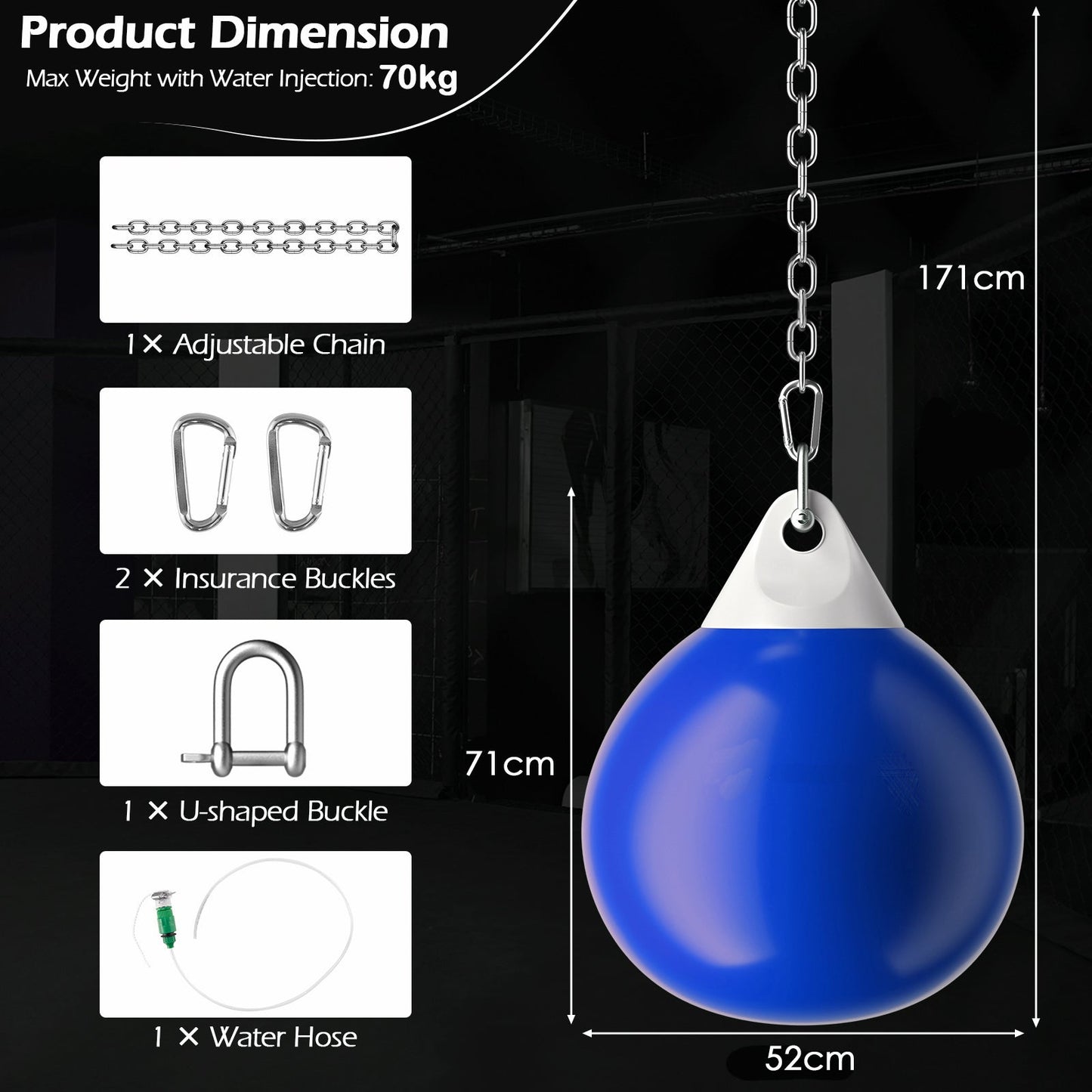 Water Punching Bag with Adjustable Metal Chain and Insurance Buckles-Blue