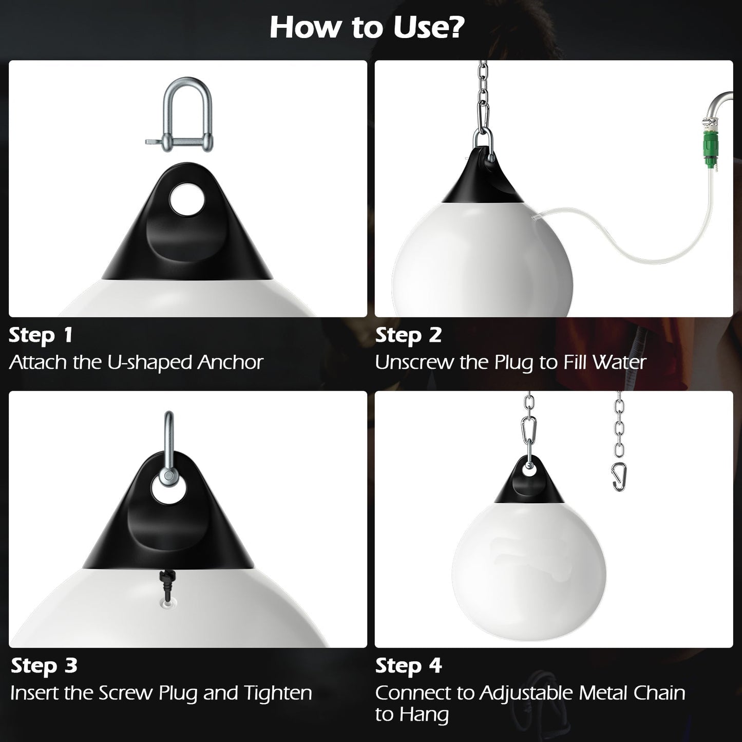 Water Punching Bag with Adjustable Metal Chain and Insurance Buckles-White
