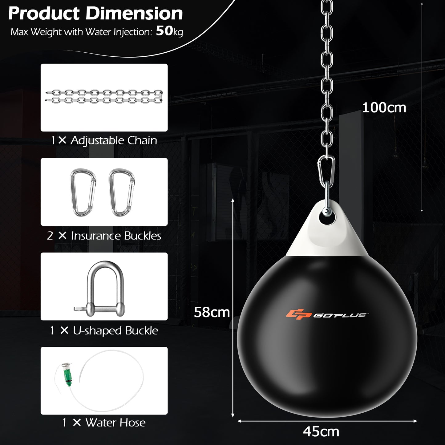 Water Punching Bag with Water Injector and Hanging Accessories-Black