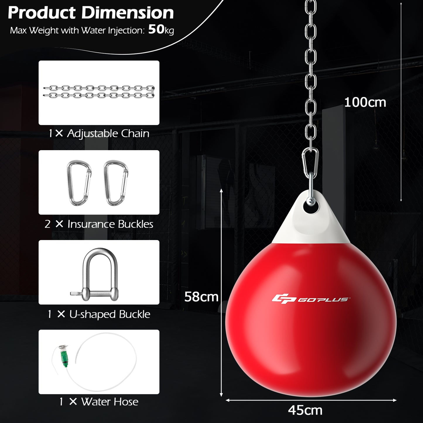 Water Punching Bag with Water Injector and Hanging Accessories-Red