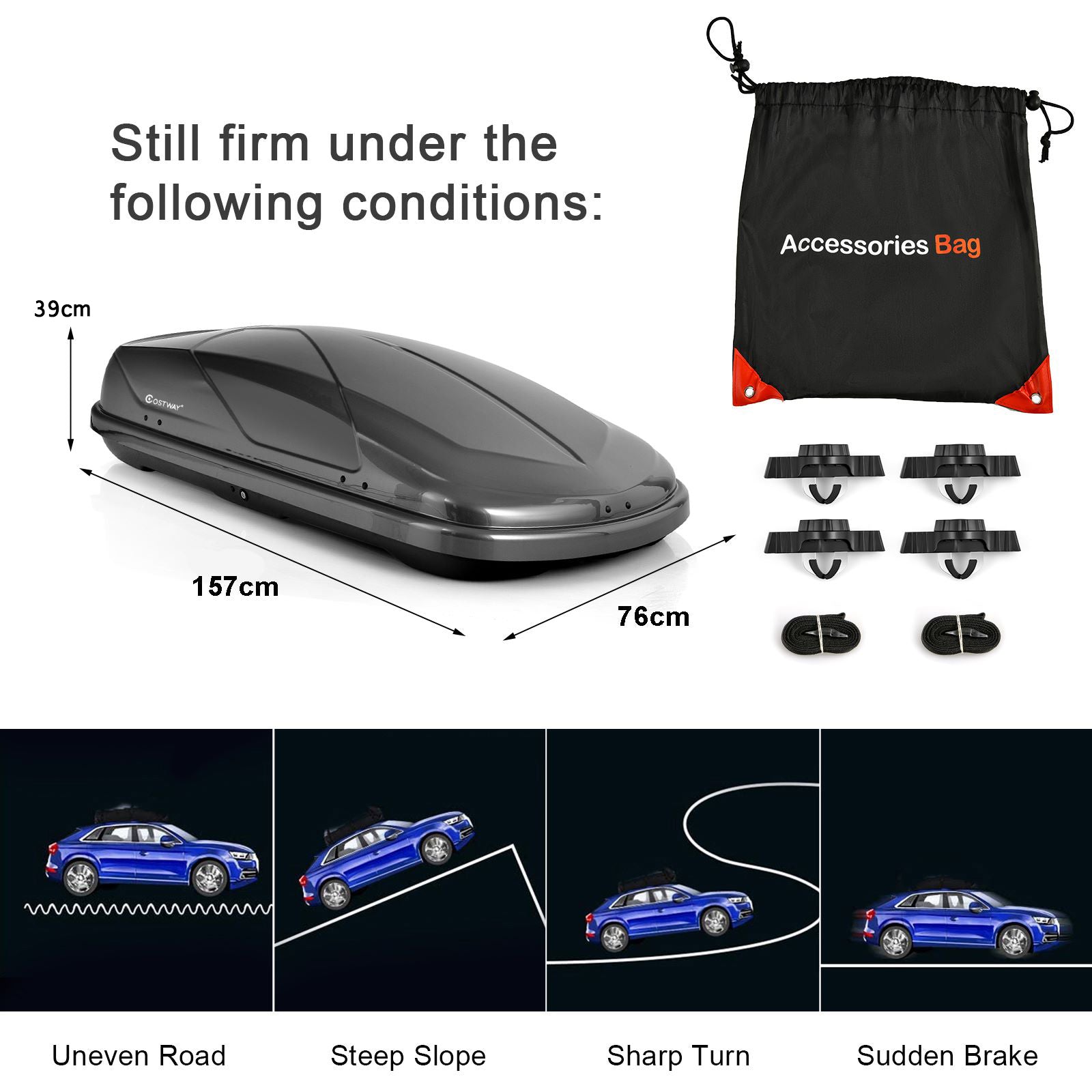 400L Car Rooftop Cargo Box with Security Keys and Dual Side Opening-Grey