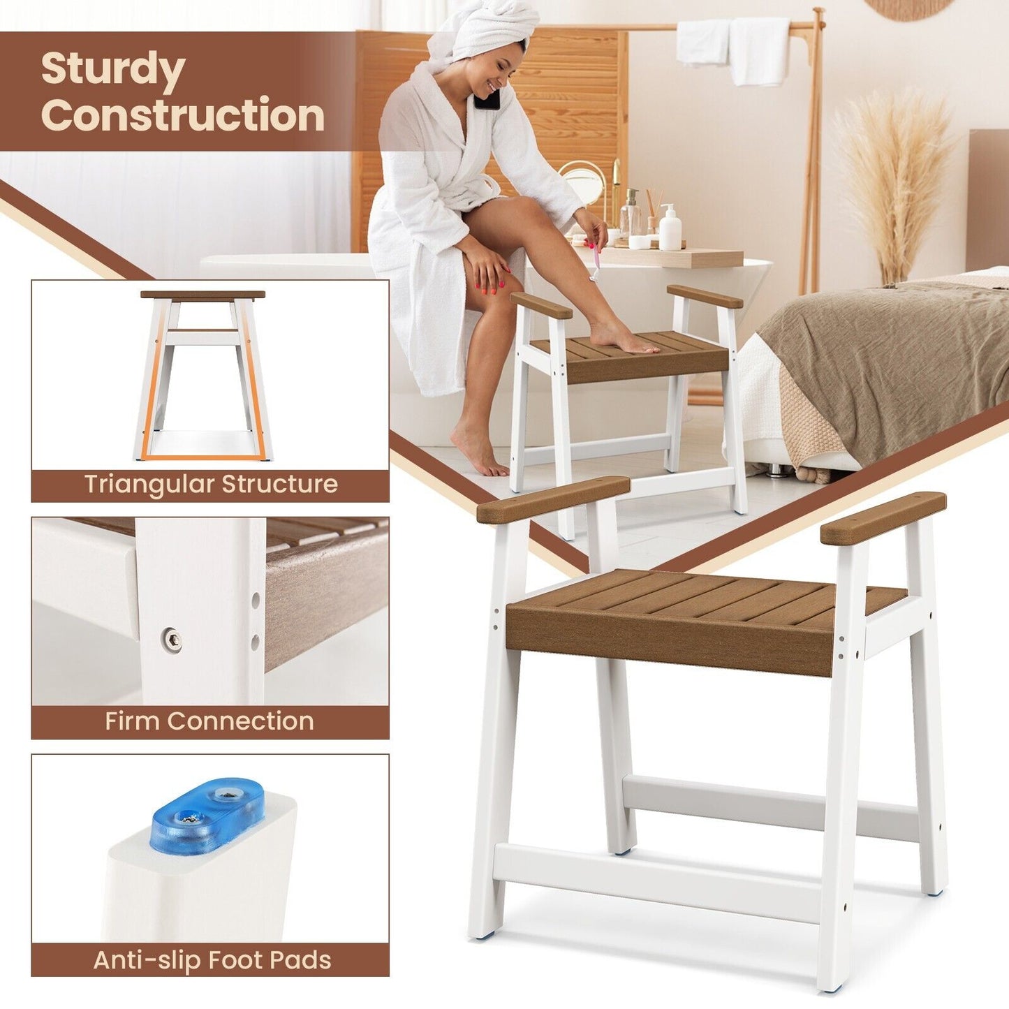 Waterproof HDPE Shower Bench with Armrests-Brown