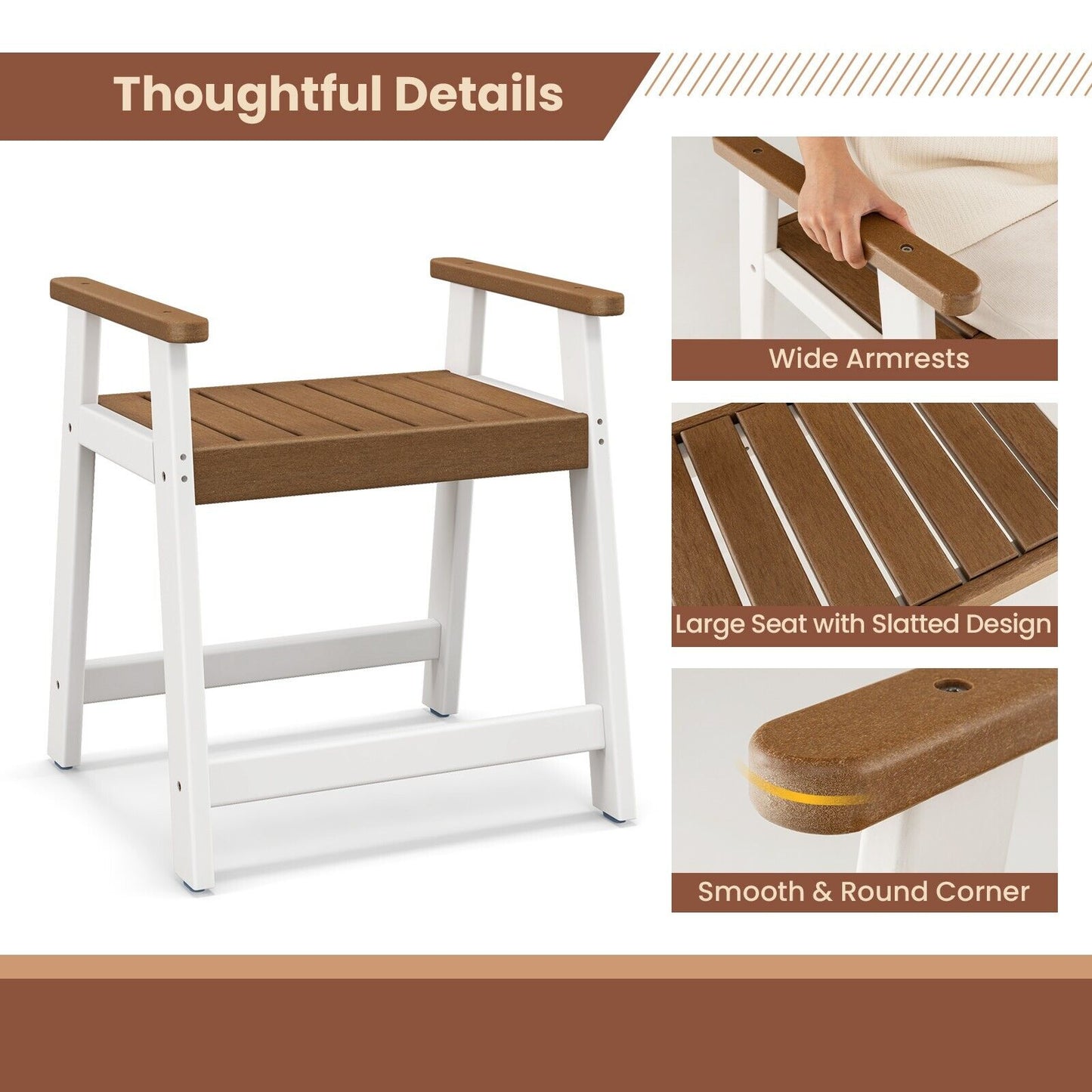 Waterproof HDPE Shower Bench with Armrests-Brown
