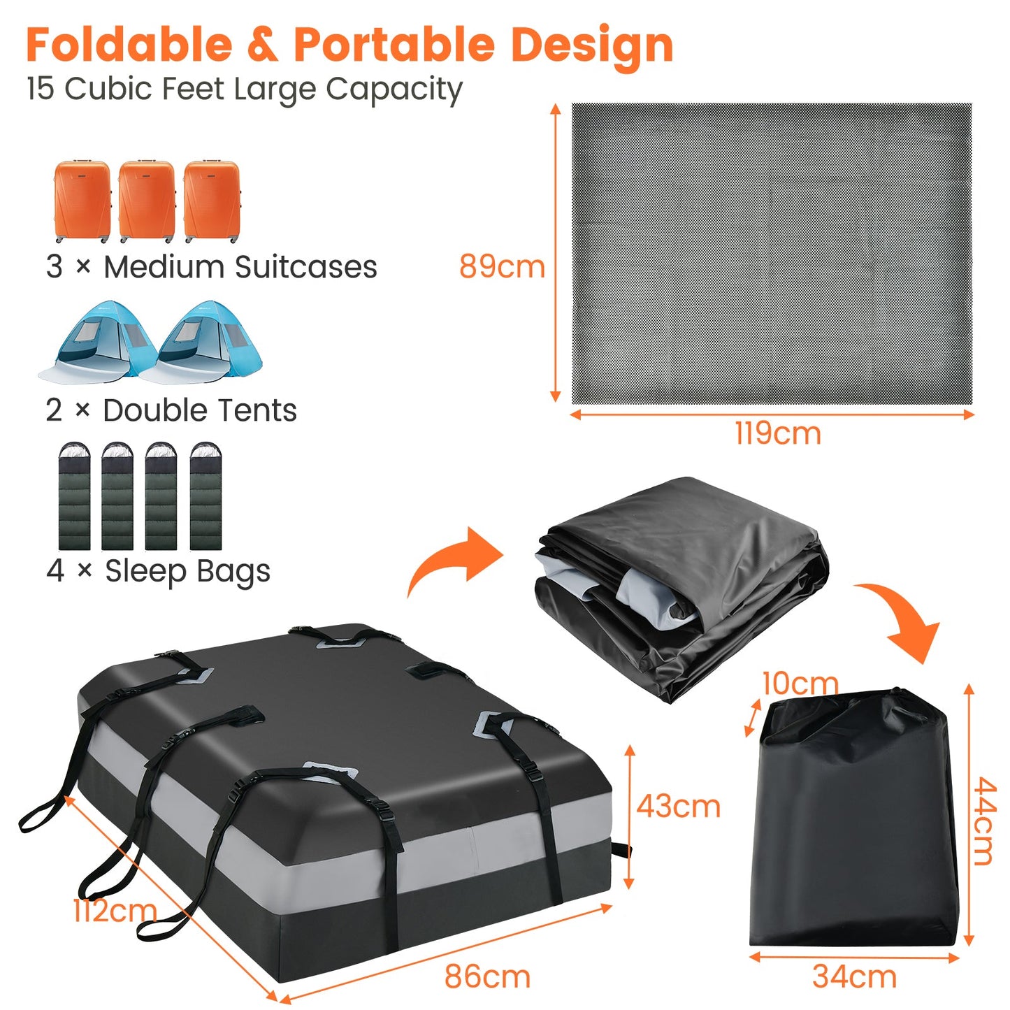 Waterproof Rooftop Luggage Bag with Non-Slip Mat and 6 Door Hooks-Grey