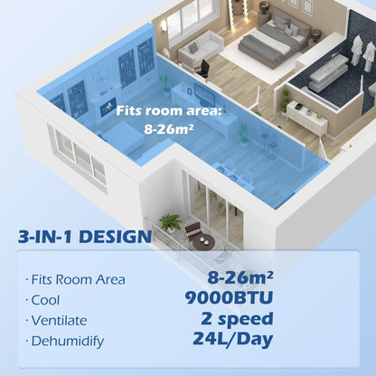 HOMCOM 7,000 BTU Mobile Air Conditioner for Room up to 26m2, with Dehumidifier, 24H Timer, Wheels, Window Mount Kit