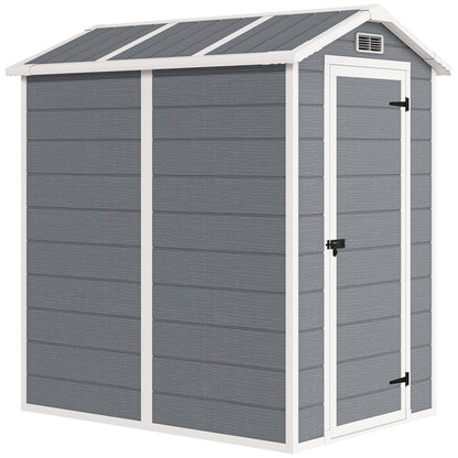 Outsunny 4 x 6ft Garden Shed, plastikowa szopa z podłogą, oknem, zamykanymi drzwiami i otworami wentylacyjnymi, żywiczna szopa na narzędzia do przechowywania na patio, zerowa konserwacja, szara