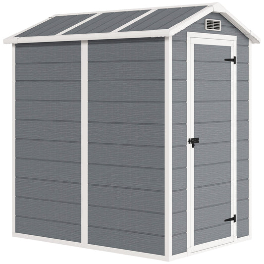 Outsunny 4 x 6ft Garden Shed, plastikowa szopa z podłogą, oknem, zamykanymi drzwiami i otworami wentylacyjnymi, żywiczna szopa na narzędzia do przechowywania na patio, zerowa konserwacja, szara