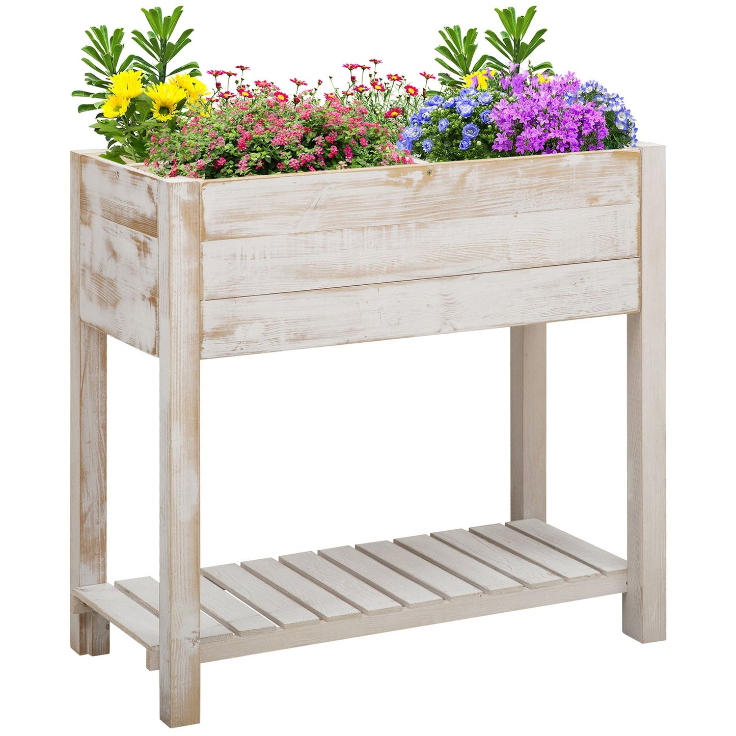 Outsunny Garden Wooden Planter Raised Garden Bed Elevated Grow Box with 2 tiers, 4 Pockets for Vegetable Flower Herb Gardening Backyard Patio, White