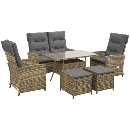 Outsunny 6 Seater Rattan Dining Set with 2 Reclining Chairs, Loveseat, 2 Stools, Rattan Garden Furniture Set with Cushions, Rectangular Glass Top Table, Aluminium Frame, Mixed Grey