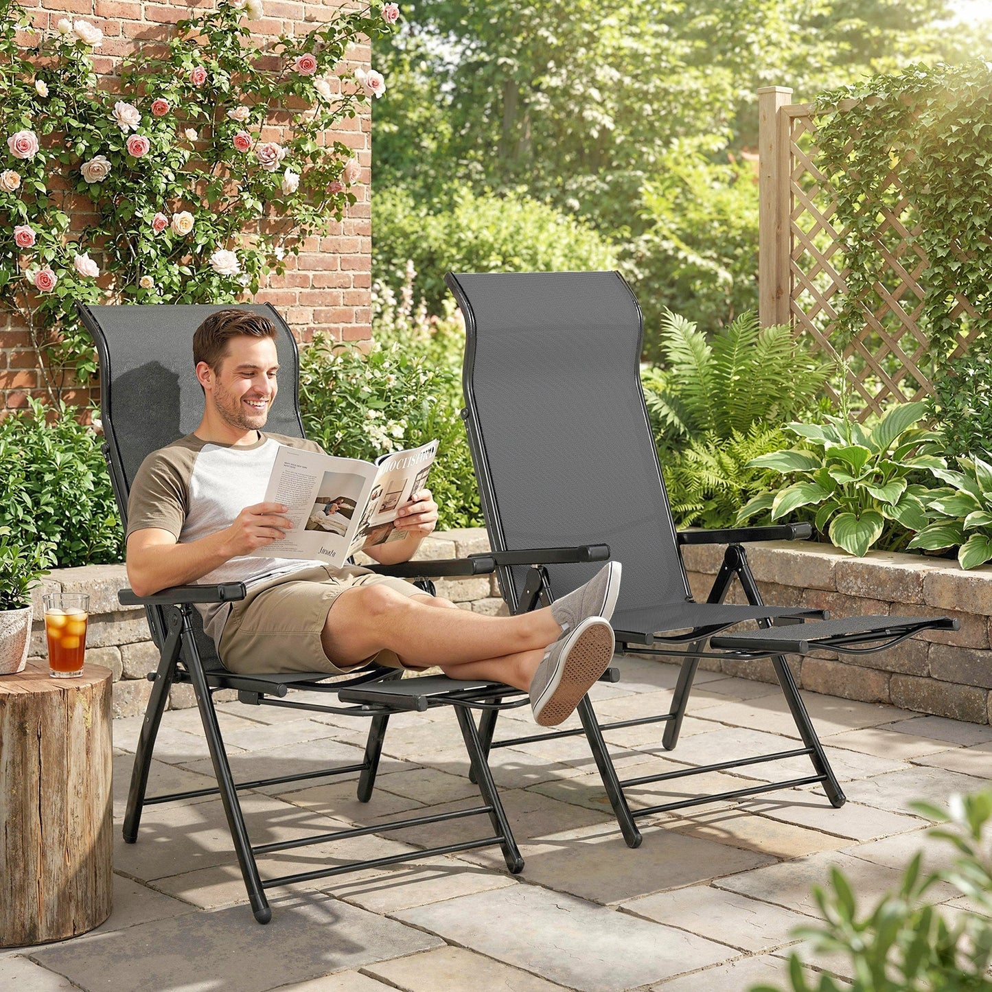 Outsunny Reclining Garden Chairs Set of 2, 5-Position Folding Sun Loungers with High Back, Retractable Footrest, Dark Grey