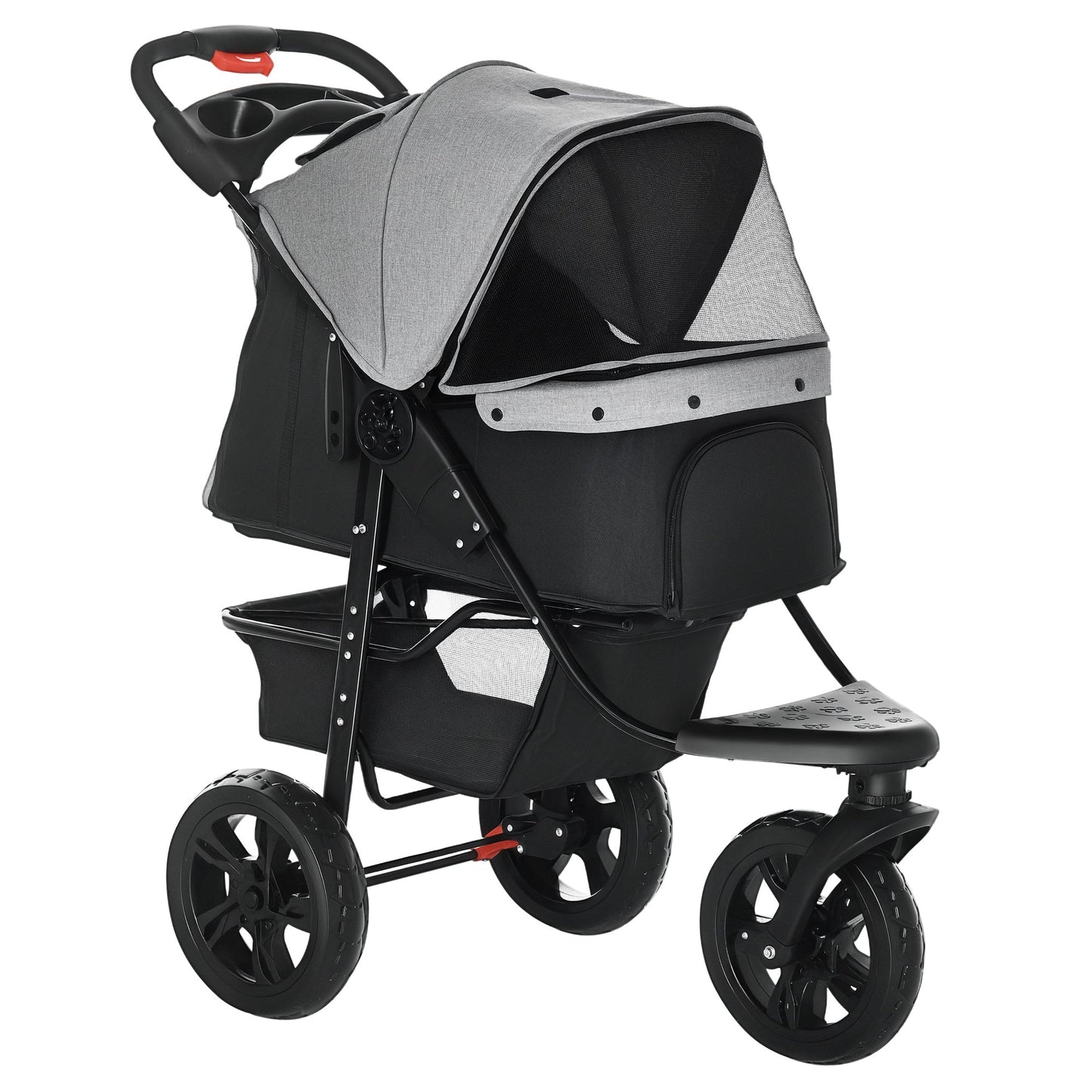 PawHut Dog Stroller Pram, 3-Wheel Foldable Pet Stroller with Invisible Sky Roof, for Small Dogs & Cats, Red