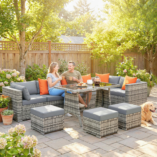 Outsunny 10 Piece Rattan Garden Furniture Set, 2 Corner Sofas with 4 Chairs, 4 Stools and Coffee Table, Outdoor Patio Furniture