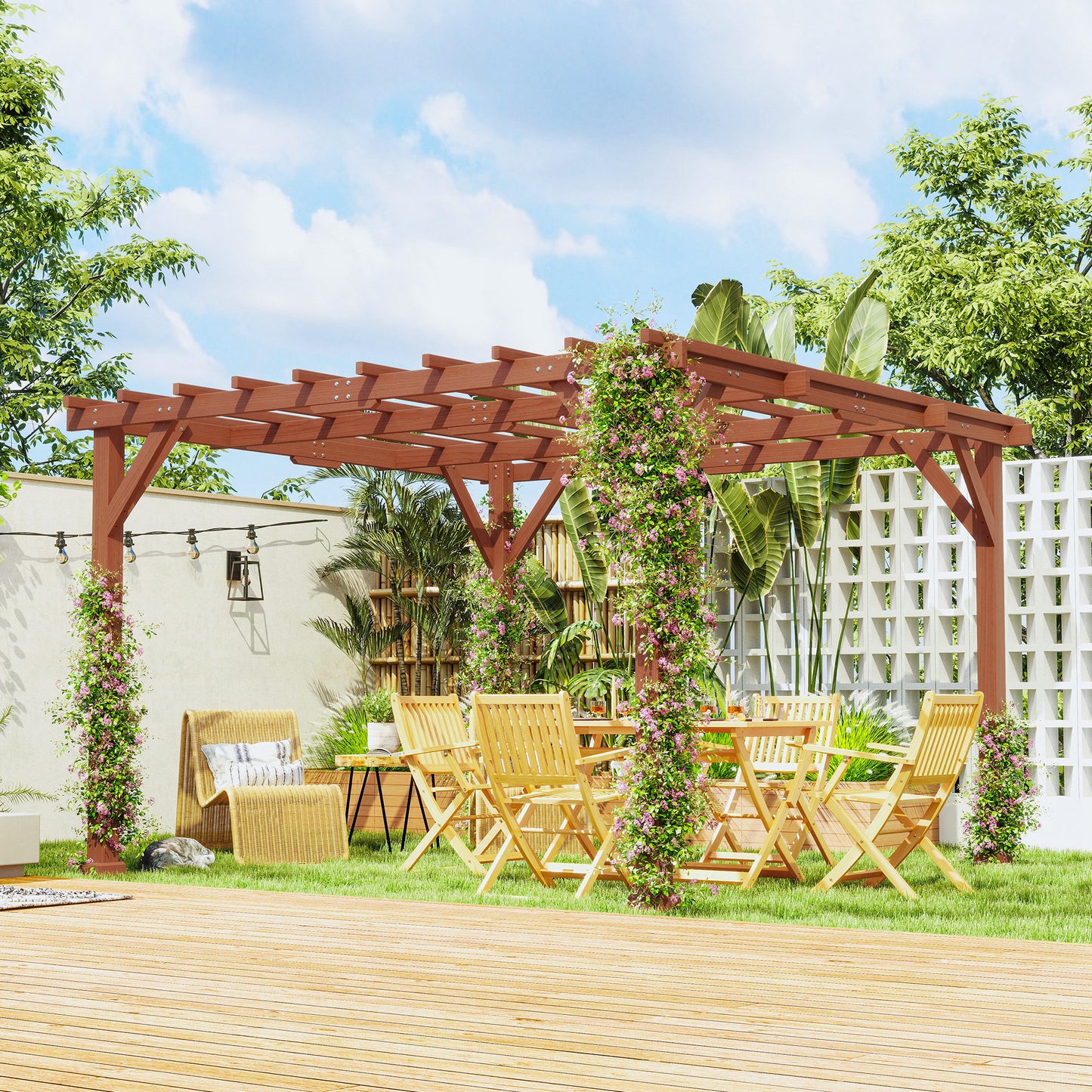 Zestaw pergoli drewnianej Outsunny 3,3 x 3,3 m, altana Graden Pergola, kratka na winorośl ze stabilną konstrukcją dla pnączy, kwiaty