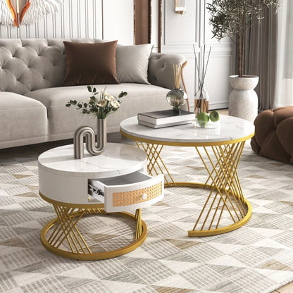 2-in-1 Marble Coffee Table Set with Marble Grain Veneer Top, Rattan Drawers, and Solid Wood Handles, Gold Iron Legs, 70x70x45.5 cm + 50x50x38.5 cm, White+Gold