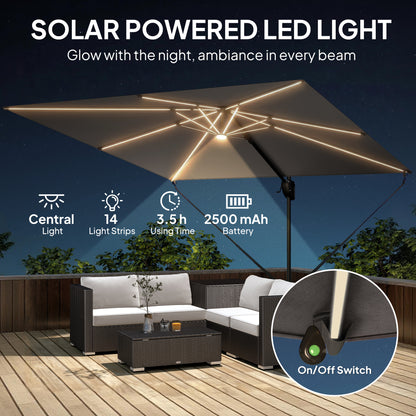 Outsunny 3 x 3 m Garden Cantilever Parasol w/ Light, Cover, UPF50+ Patio Umbrella w/ Wind Protection, 360° Rotation, Dark Grey