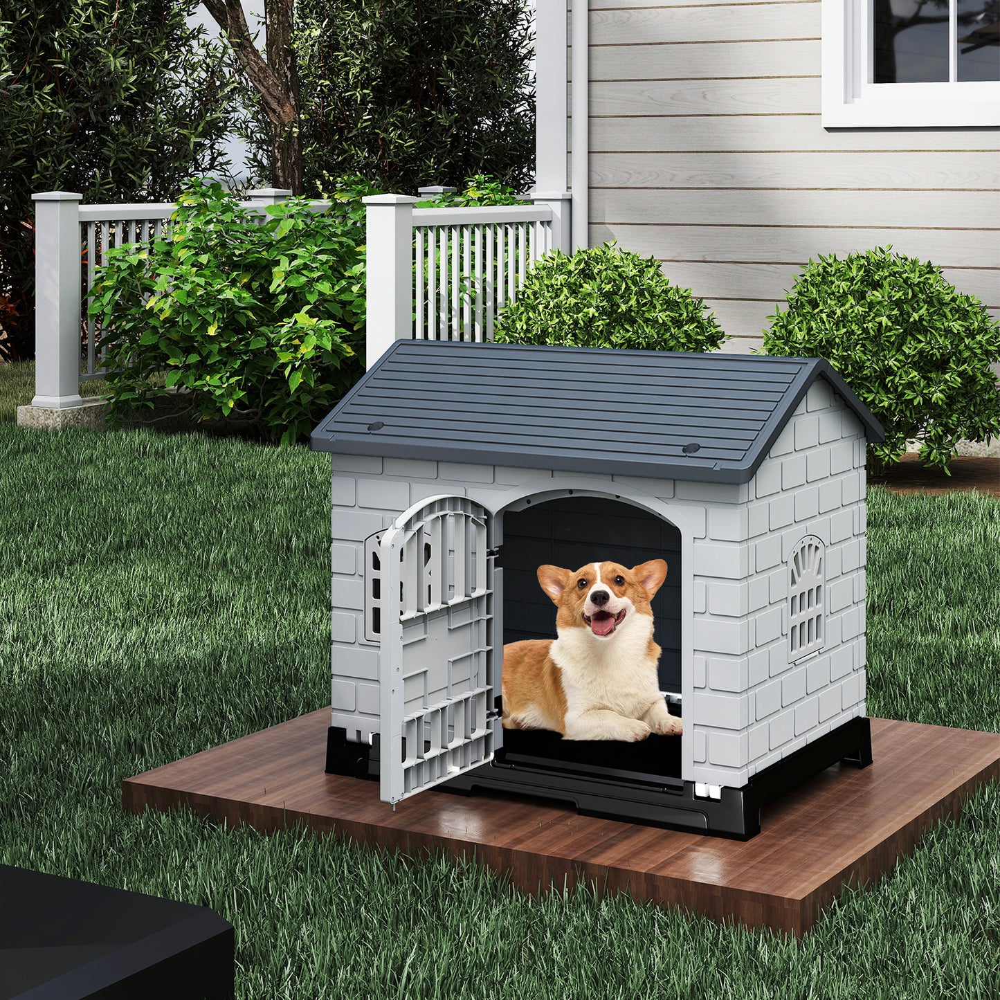 Weatherproof Pet Shelter with Removable Toilet Tray-Dark Grey