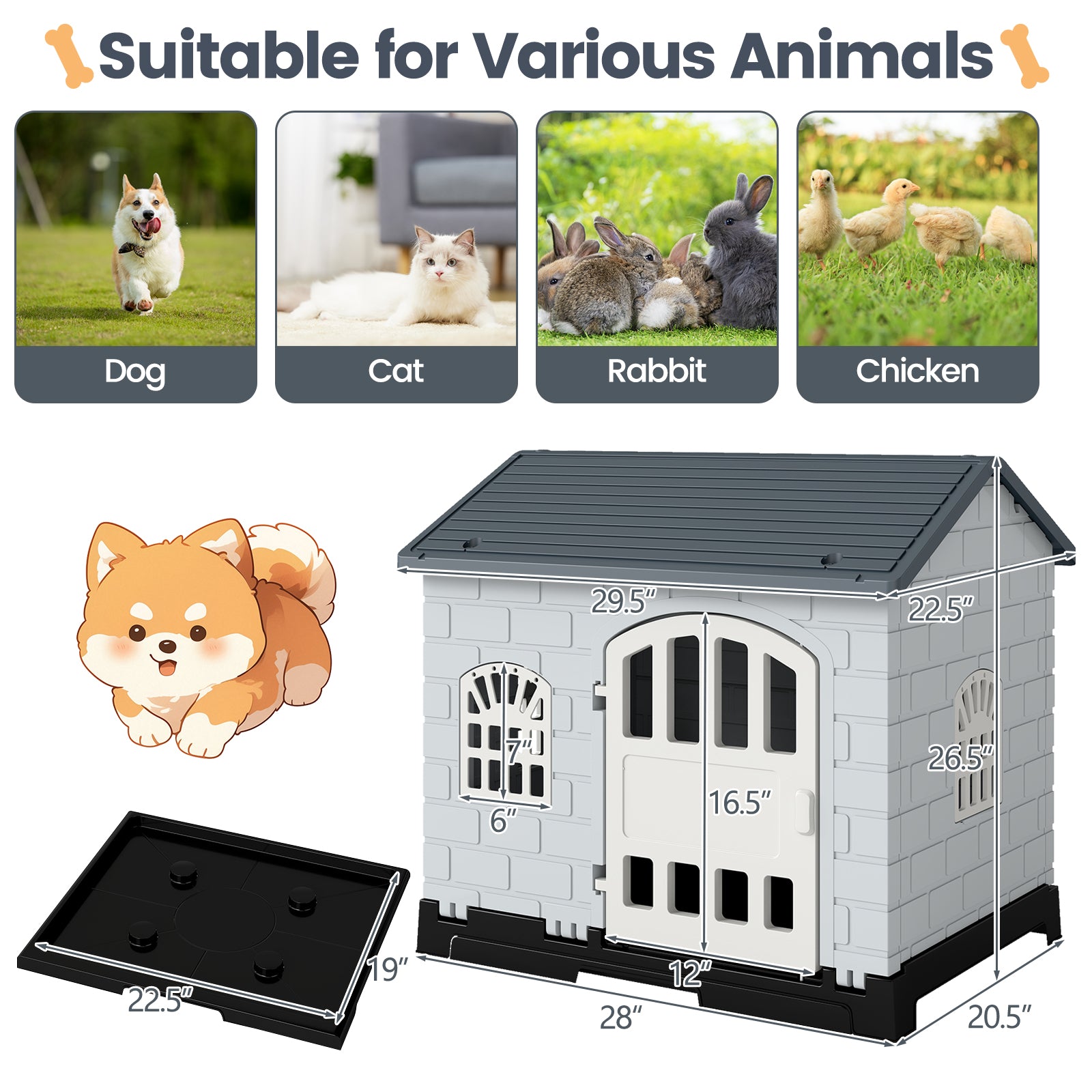 Weatherproof Pet Shelter with Removable Toilet Tray-Dark Grey