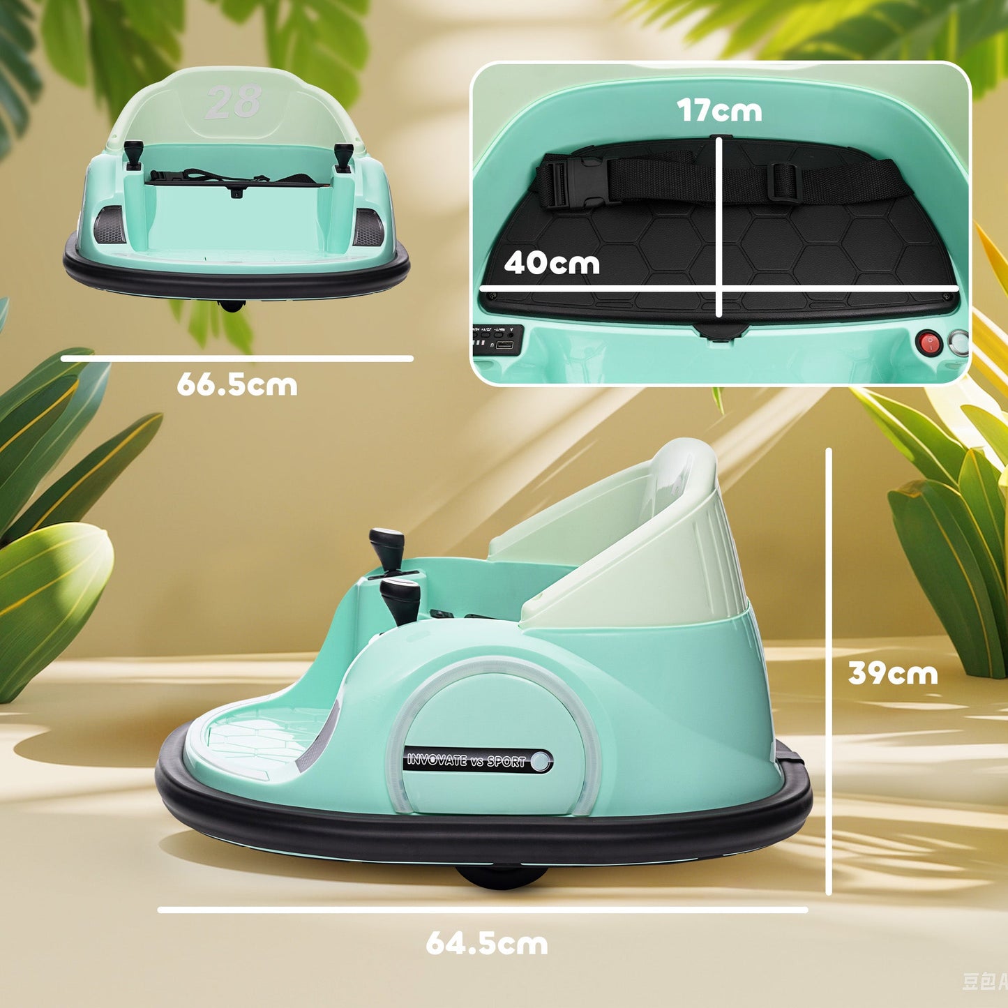 AIYAPLAY 360 Rotation Kids Bumper Car, 12V Waltz Car with Remote Control, Dual Joystick, Music, Lights, Green