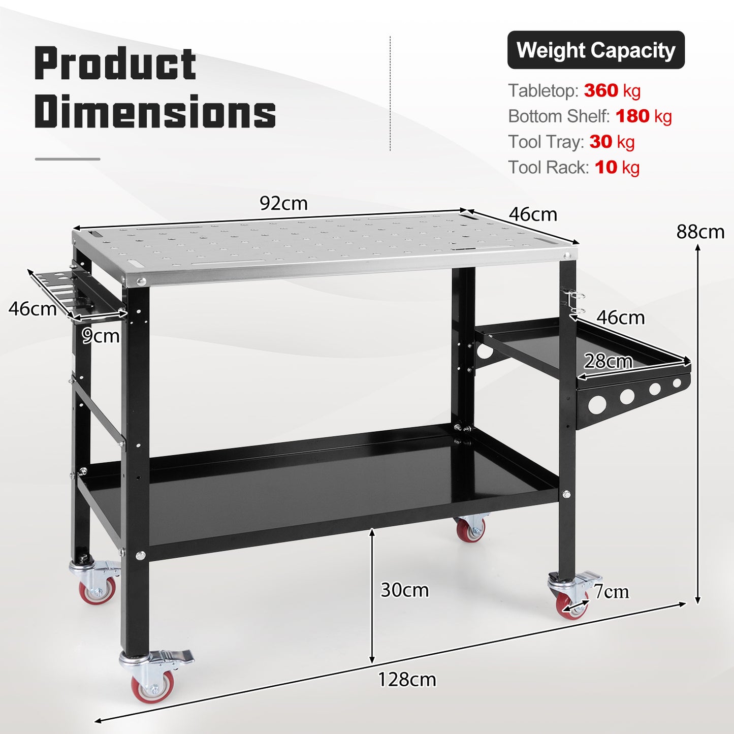 Welding Table Workbench on Wheels with Tool Rack and Tray-Black