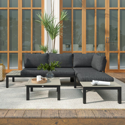 Outsunny 3 Pieces Garden Furniture Sets, Aluminium Outdoor Corner Sofa Set with 2 Loveseat and Coffee Table with Cushions for Garden, Dark Grey