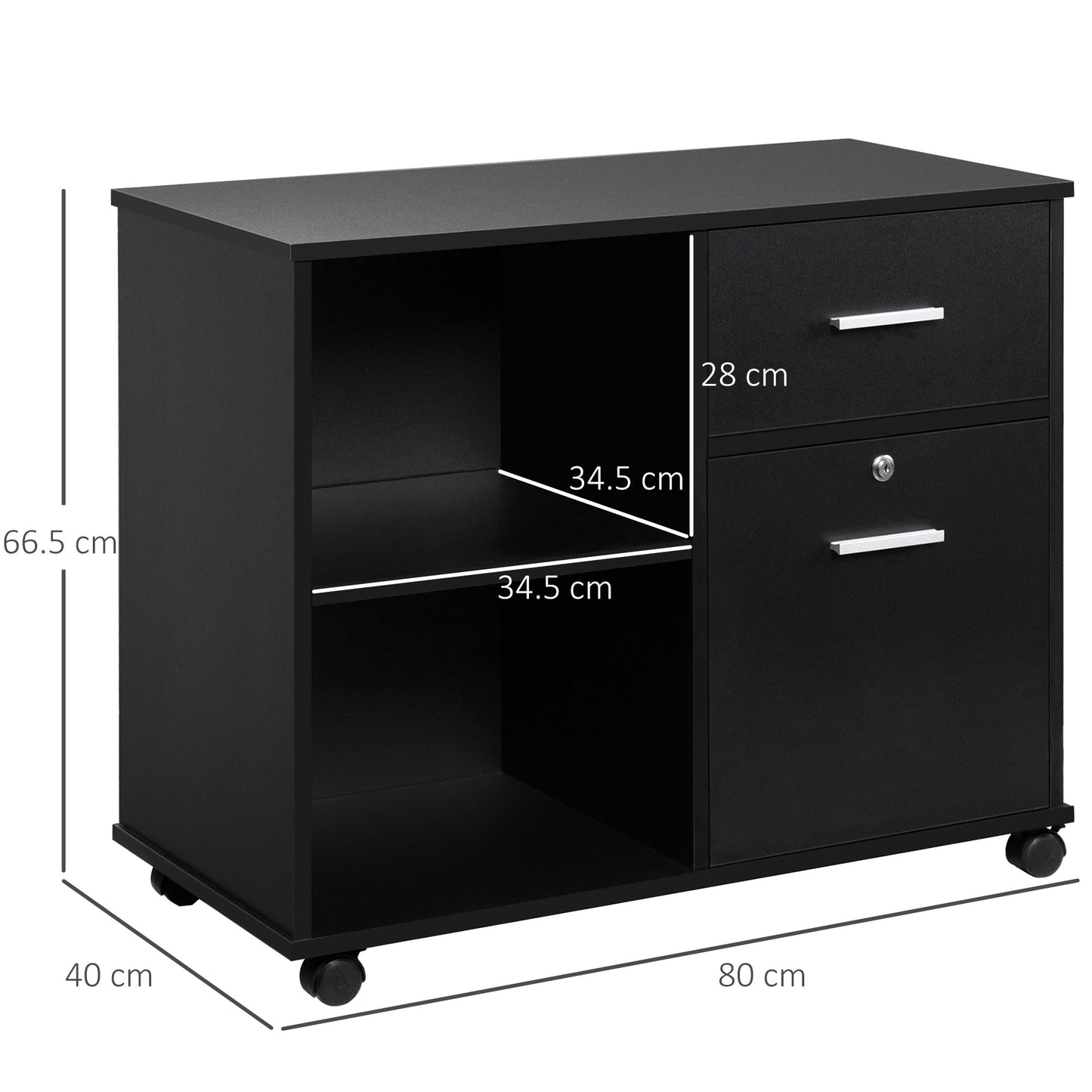 Vinsetto Filing Cabinet with Wheels, Mobile Printer Stand with Open Shelves and Drawers for A4 Size Documents, Black