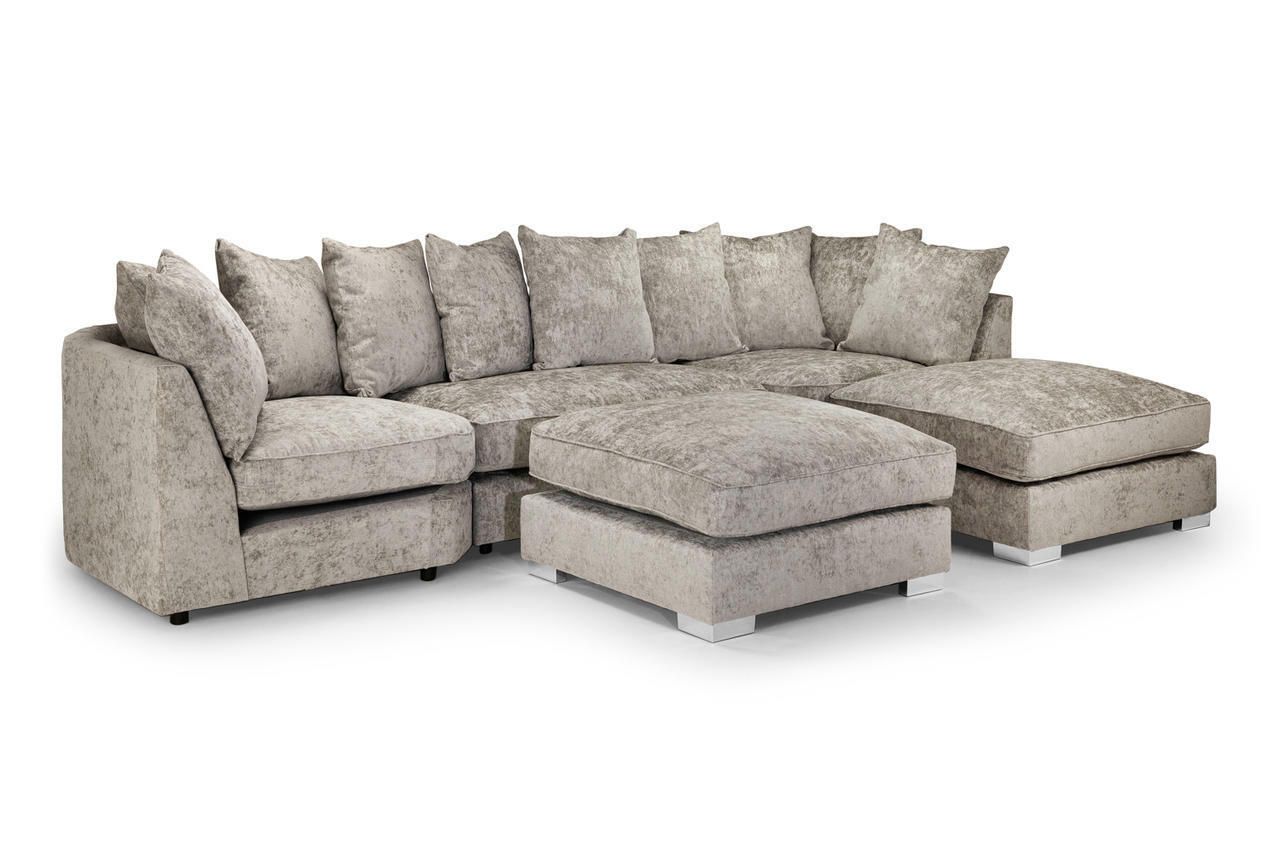 Alaska Truffle L or U Shaped Corner Sofa  Large Footstools  Chenille Fabric  Scatter back Grey