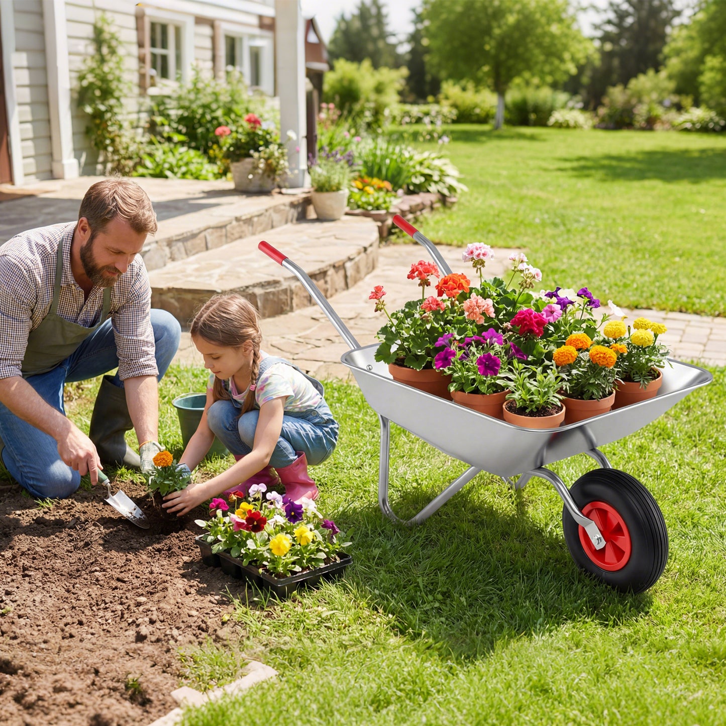 Wheelbarrow Cart 1-Wheel Garden Utility Cart with 2 Handlebars and Large Rubber Tire-Silver