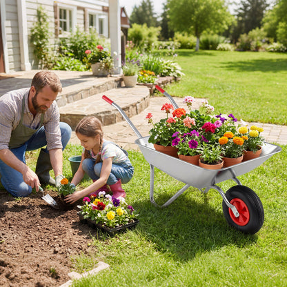 Wheelbarrow Cart 1-Wheel Garden Utility Cart with 2 Handlebars and Large Rubber Tire-Silver