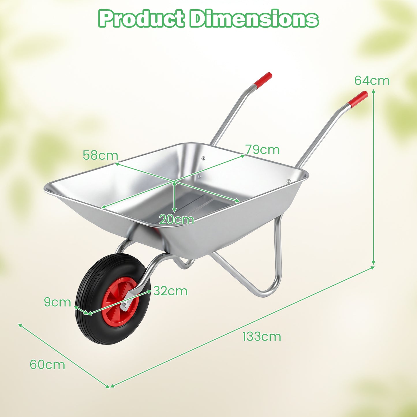 Wheelbarrow Cart 1-Wheel Garden Utility Cart with 2 Handlebars and Large Rubber Tire-Silver