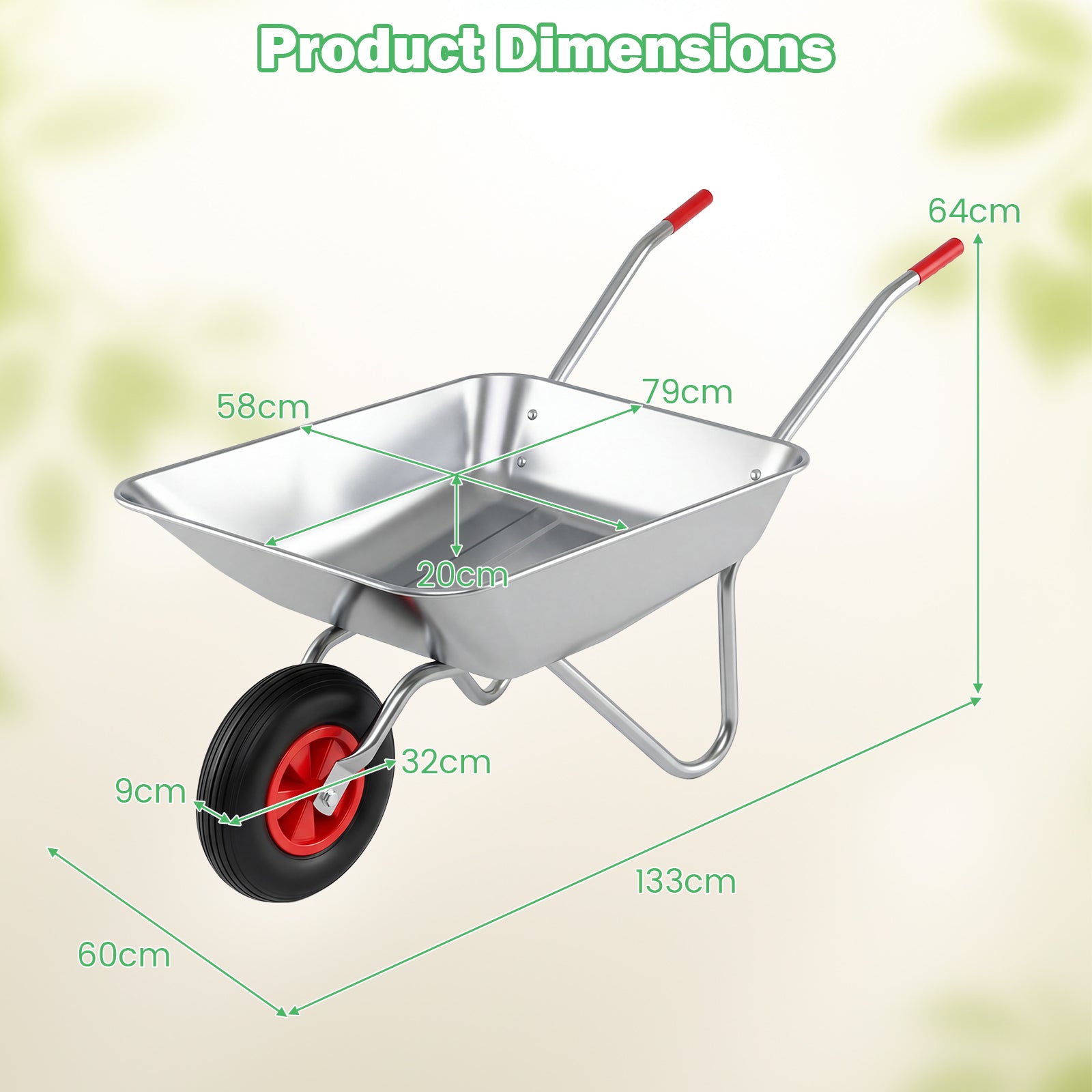 Wheelbarrow Cart 1-Wheel Garden Utility Cart with 2 Handlebars and Large Rubber Tire-Silver