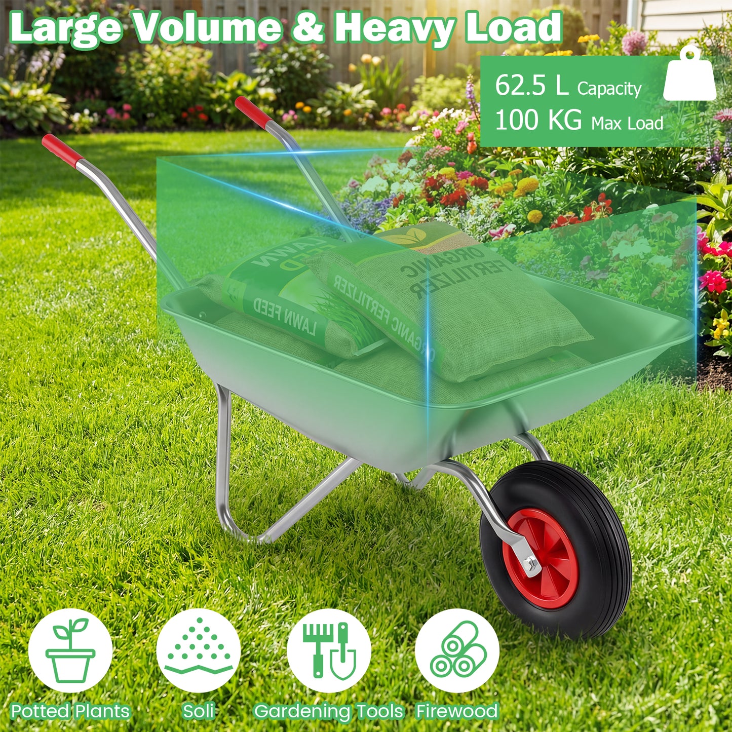 Wheelbarrow Cart 1-Wheel Garden Utility Cart with 2 Handlebars and Large Rubber Tire-Silver