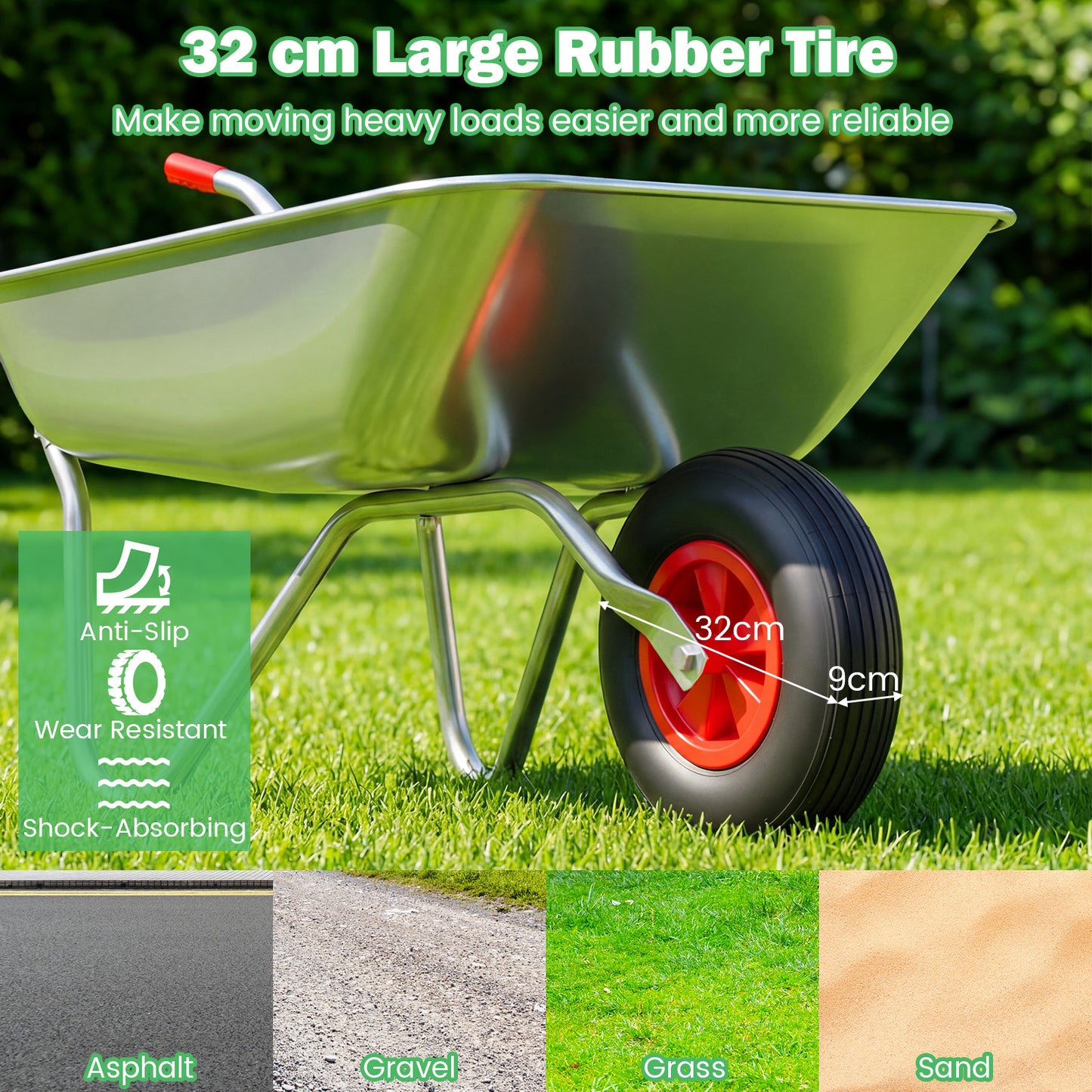 Wheelbarrow Cart 1-Wheel Garden Utility Cart with 2 Handlebars and Large Rubber Tire-Silver