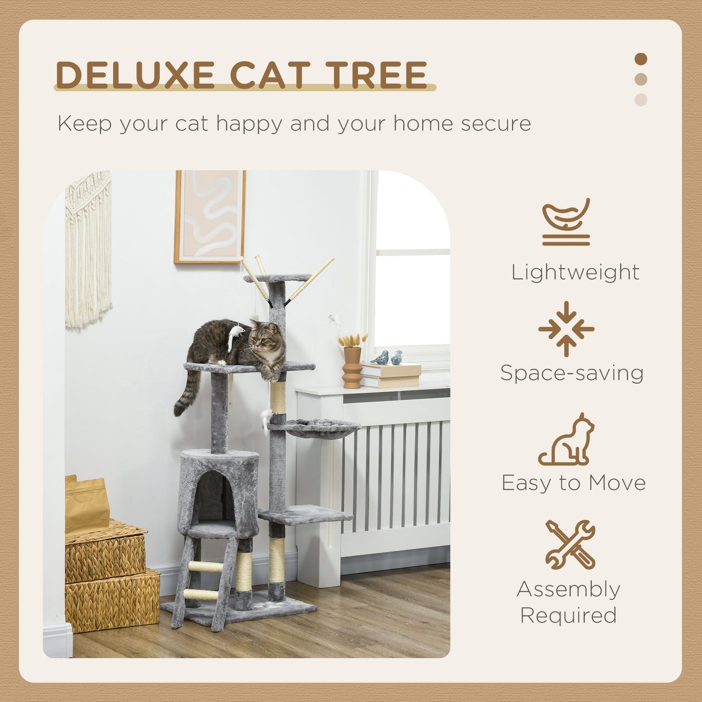 PawHut Cat Scratching Post Cat Tree for Indoor Cats Climbing Tower Scratcher w/ Ladder Kitty Activity Centre 135cm Grey