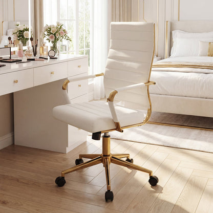 White Gold Office Chair with Ribbed PU Leather & Adjustable Backrest for Indoor-White