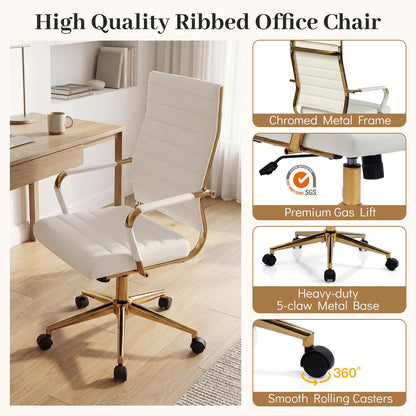 White Gold Office Chair with Ribbed PU Leather & Adjustable Backrest for Indoor-White