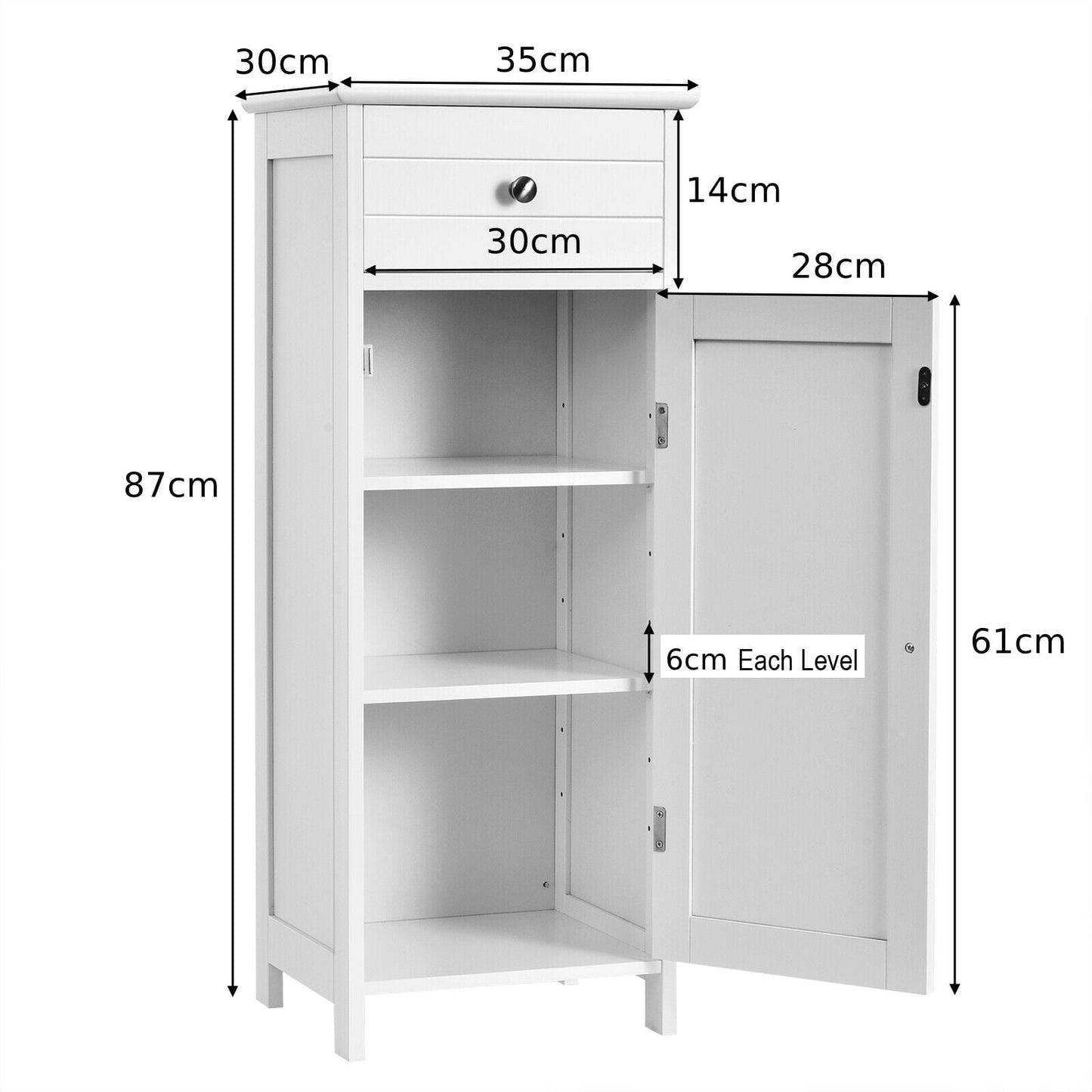 1-Door Freestanding Bathroom Storage Cabinet with Drawer and Adjustable Shelves-White