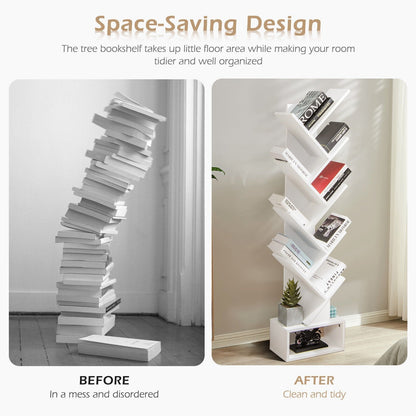 10-Tier Freestanding Tree Bookshelf with Drawer-White