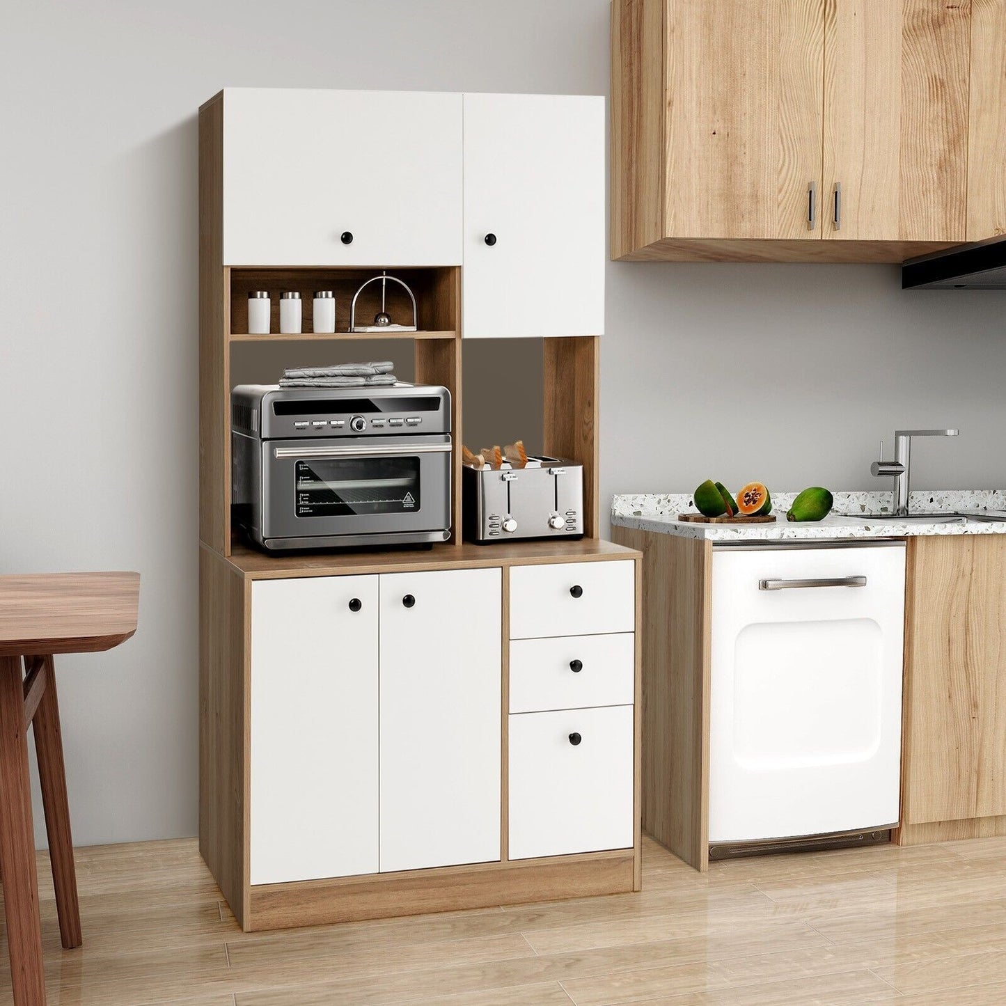 180CM Modern Kitchen Freestanding Storage Cabinet with Doors and Adjustable Shelves-White