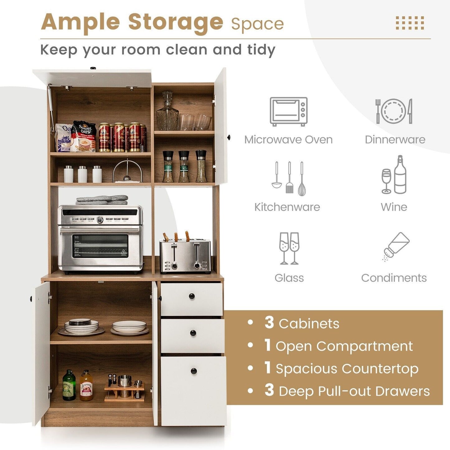 180CM Modern Kitchen Freestanding Storage Cabinet with Doors and Adjustable Shelves-White