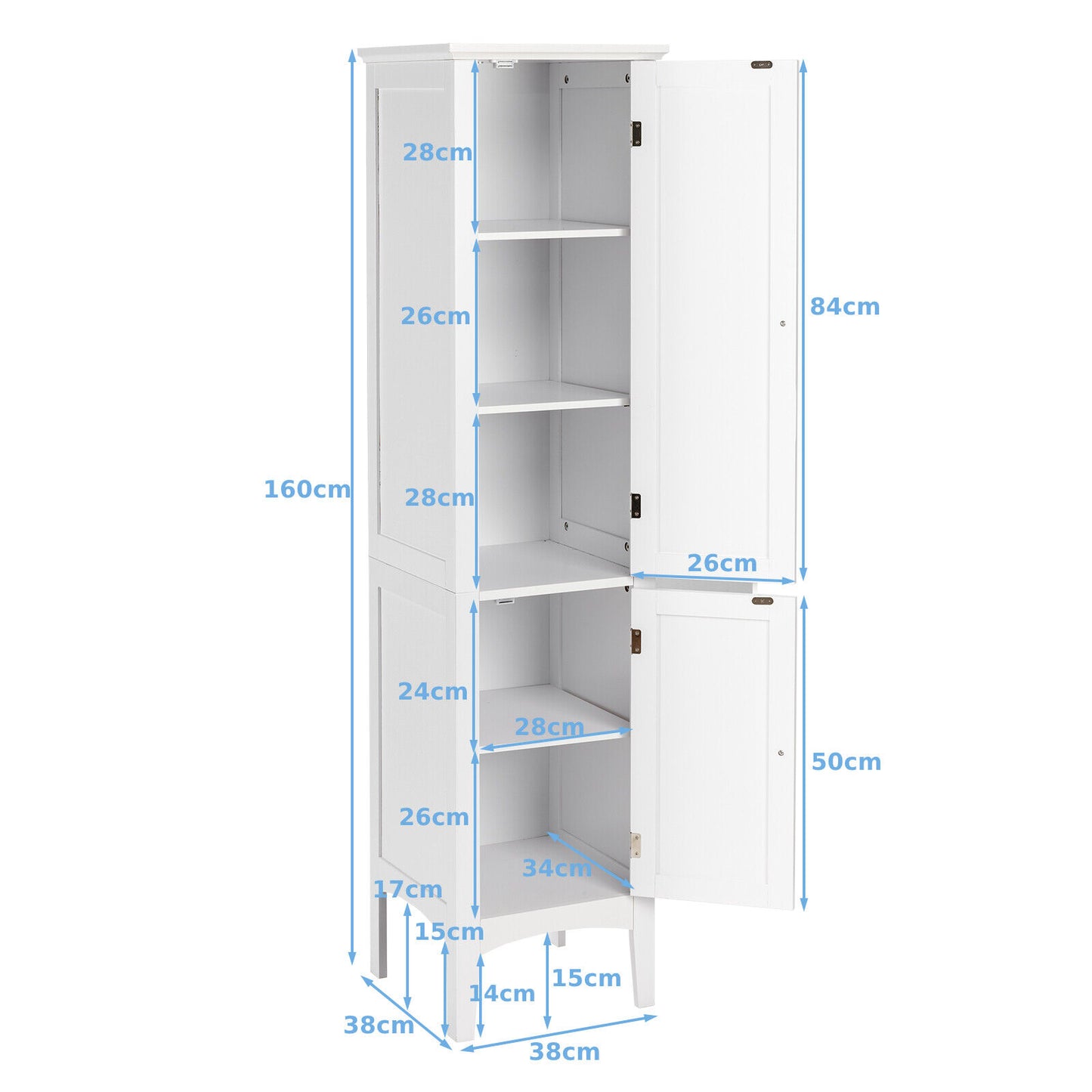 2-Door 160cm High Freestanding Bathroom Cabinet with 5-Tier Shelves-White